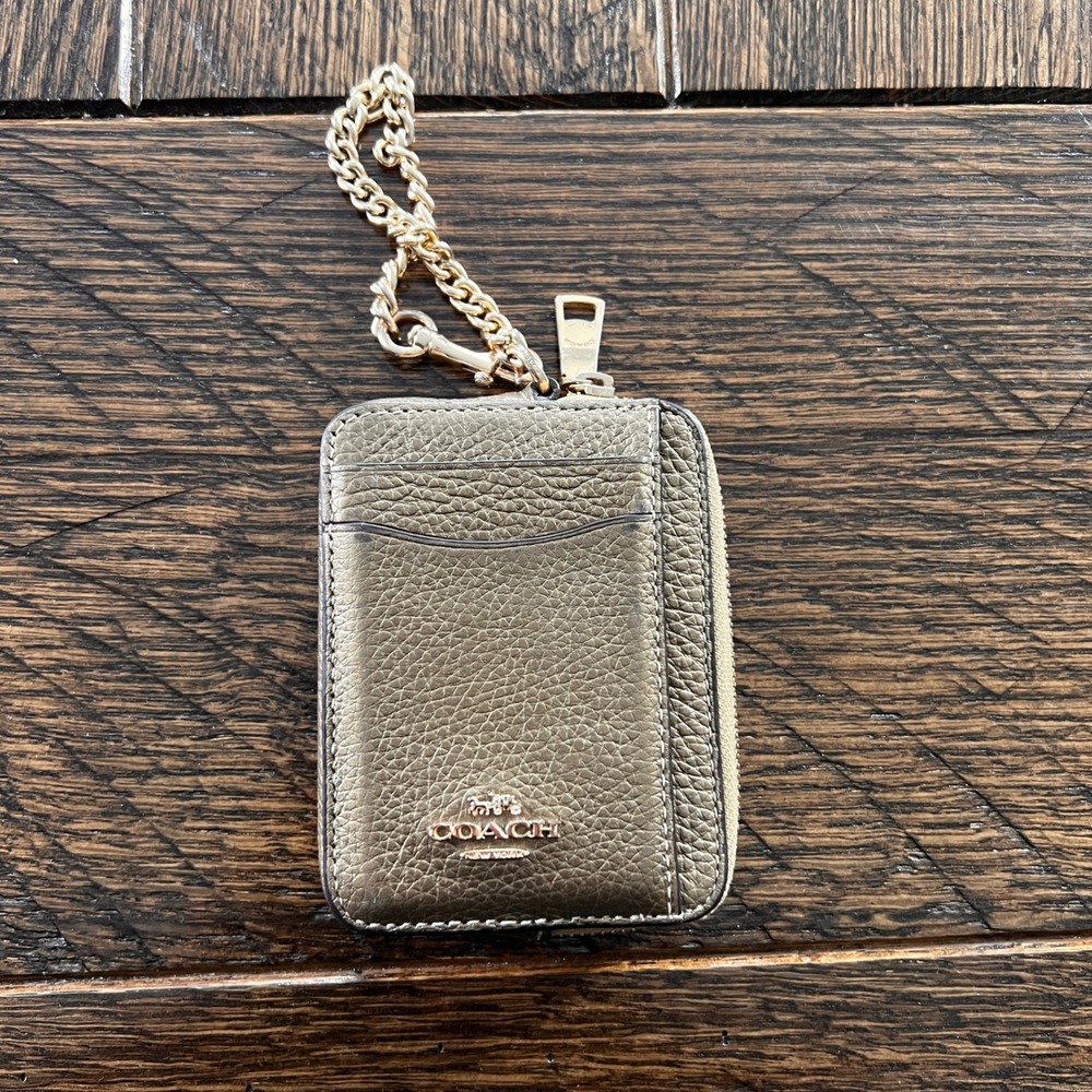 Coach Zip Card Case Metallic Pewter Pebbled Leather Keychain Wallet